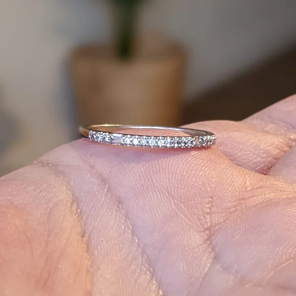 10K White Gold Round And Emerald Cut Diamond Half Eternity Ring - Picture 6 of 12